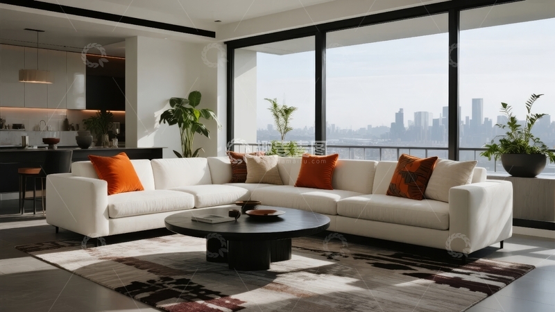 高清大图下载【趣麦麦图】现代客厅景观窗边沙发与城市天际线