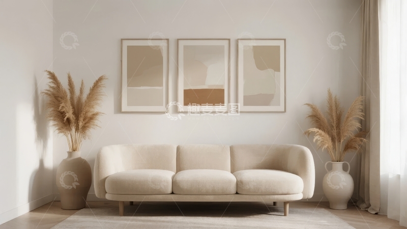 高清大图下载【趣麦麦图】现代简约风格客厅沙发与装饰画及植物摆设