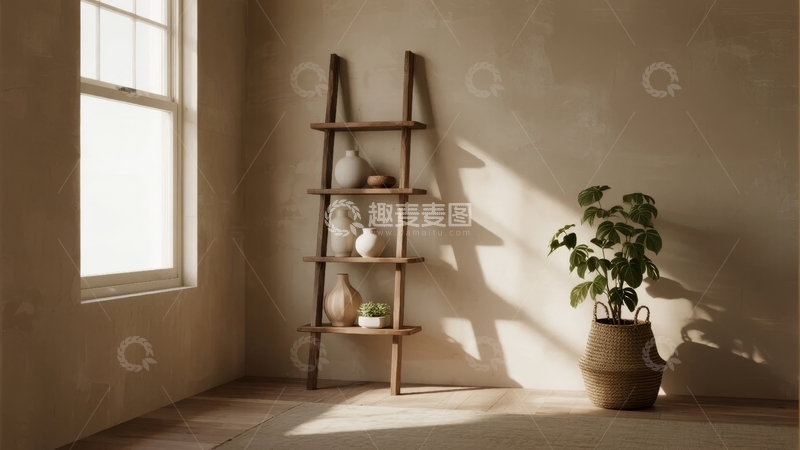 高清大图下载【趣麦麦图】阳光洒在木质梯架与绿植旁的宁静室内角落
