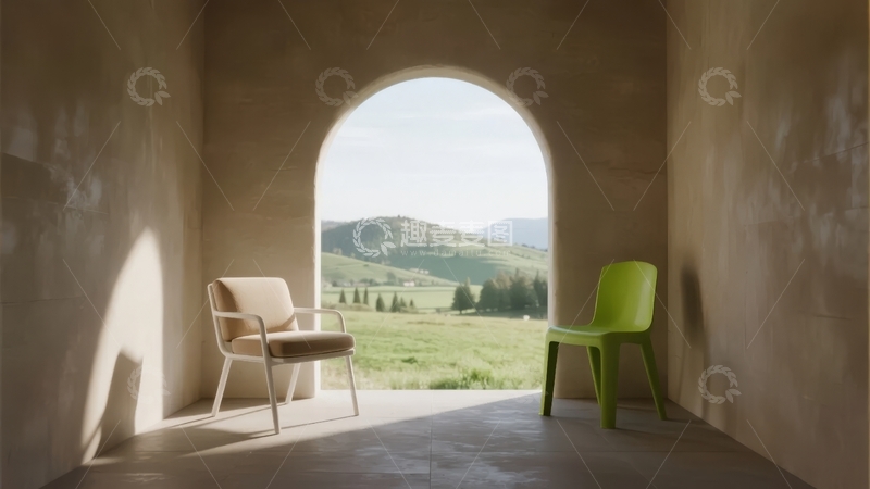 高清大图下载【趣麦麦图】拱形门廊内摆放着米色与绿色椅子远眺山景