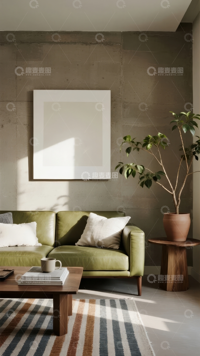 高清大图下载【趣麦麦图】现代简约客厅绿沙发与大型绿植装饰