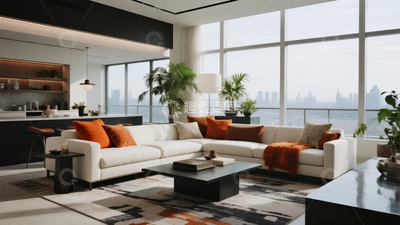 高清大图下载【趣麦麦图】现代客厅设计配备沙发地毯和城市景观窗户