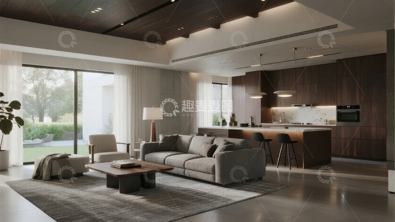 高清大图下载【趣麦麦图】现代简约风格客厅与开放式厨房的室内设计