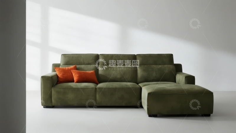 高清大图下载【趣麦麦图】现代简约风格绿色沙发搭配橙色抱枕