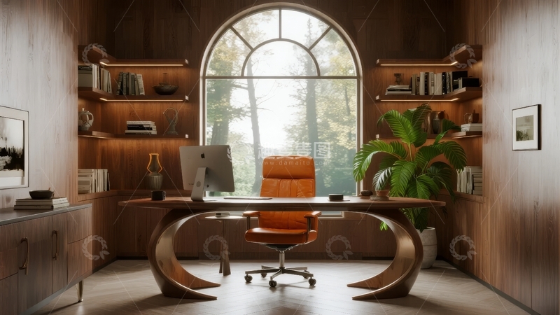 高清大图下载【趣麦麦图】现代木质书房内设弧形书桌与橙色办公椅