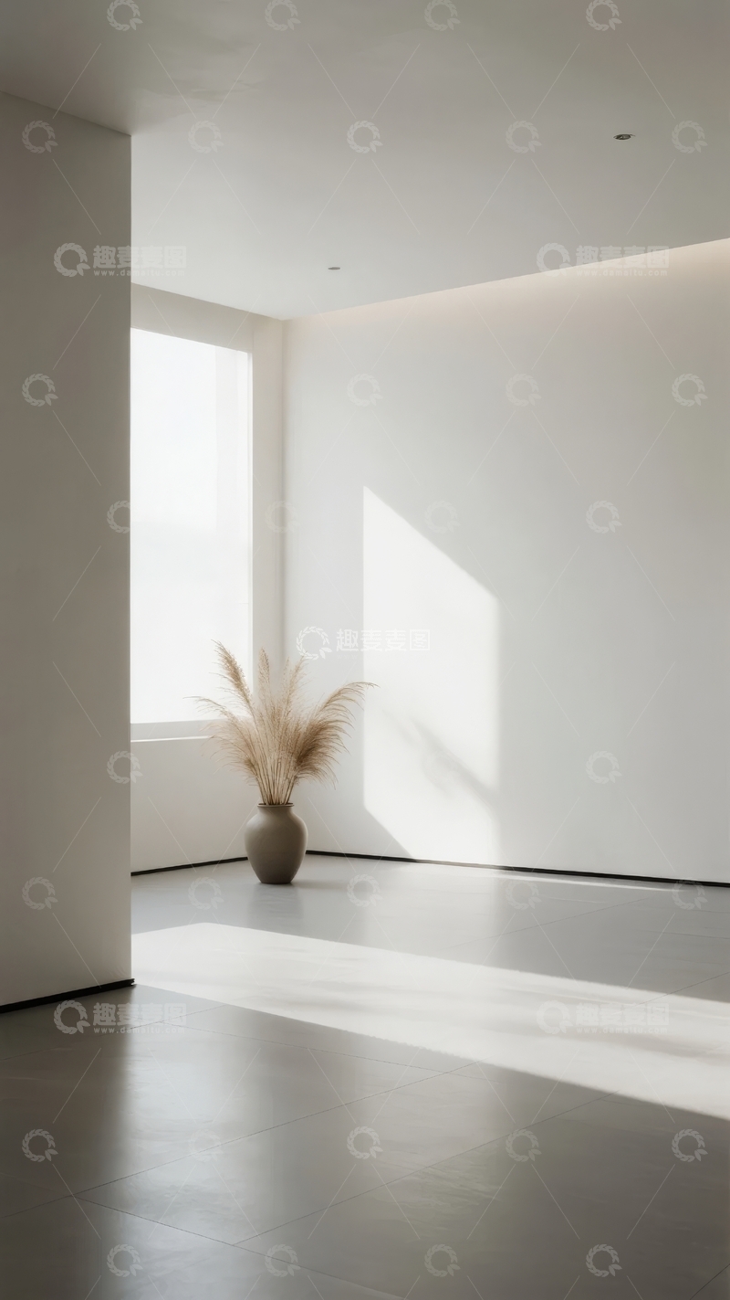 高清大图下载【趣麦麦图】简约室内空间阳光洒落窗边绿植点缀
