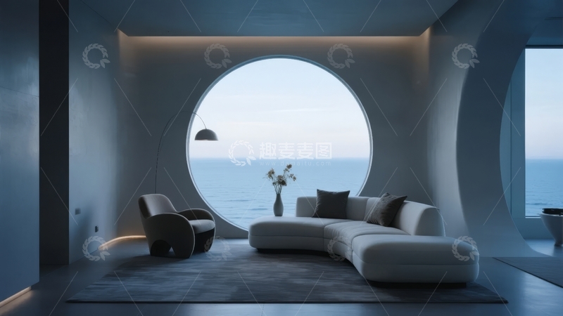 高清大图下载【趣麦麦图】现代简约客厅圆形大窗海景视野