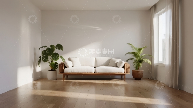高清大图下载【趣麦麦图】简约风格客厅阳光照射沙发与绿植