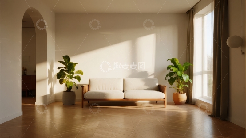 高清大图下载【趣麦麦图】明亮客厅内白色沙发与绿植在阳光下
