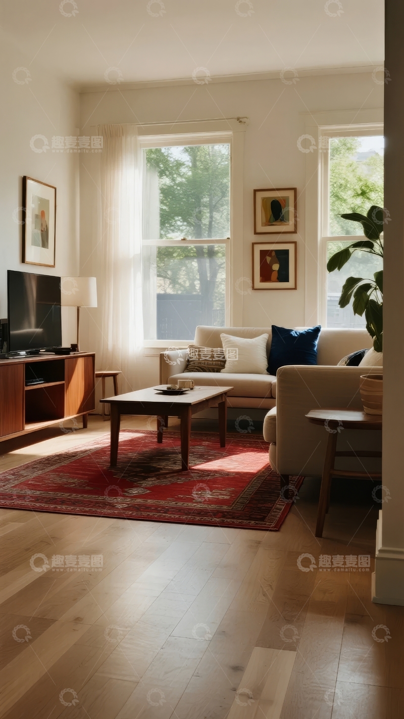 高清大图下载【趣麦麦图】明亮客厅内摆放着沙发茶几和装饰画