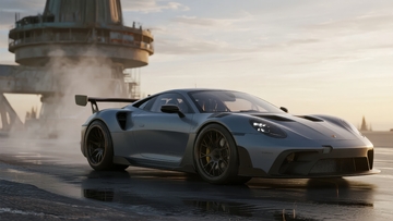 一辆高性能跑车在黄昏时分的城市道路上行驶