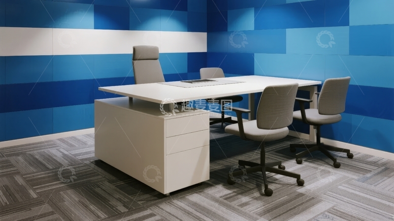 现代办公室内的蓝色墙面与白色办公桌椅组合