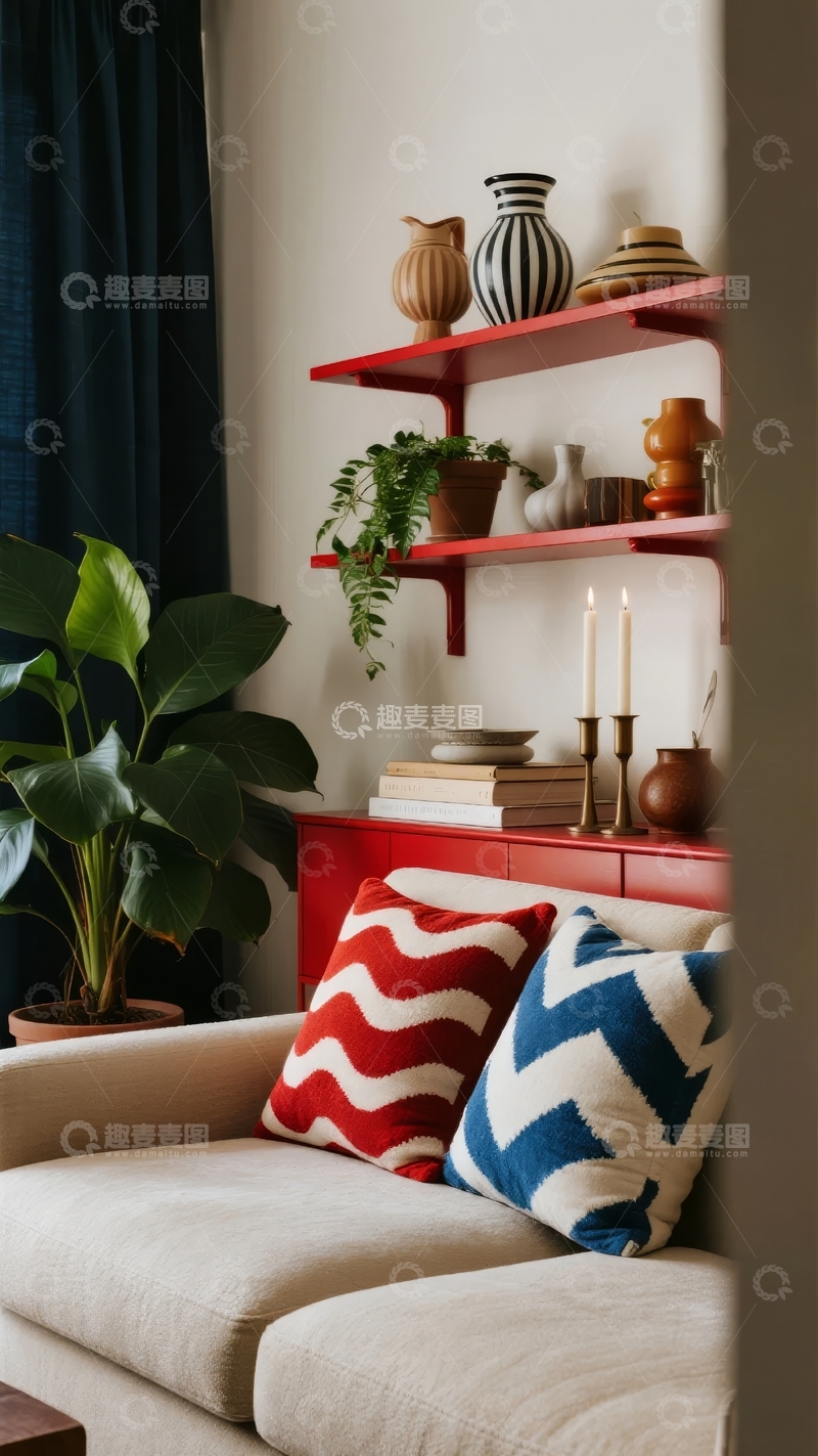高清大图下载【趣麦麦图】红色置物架装饰的温馨室内角落
