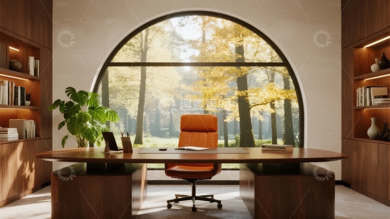 高清大图下载【趣麦麦图】现代办公室内景透过拱形窗户可见秋季森林景观