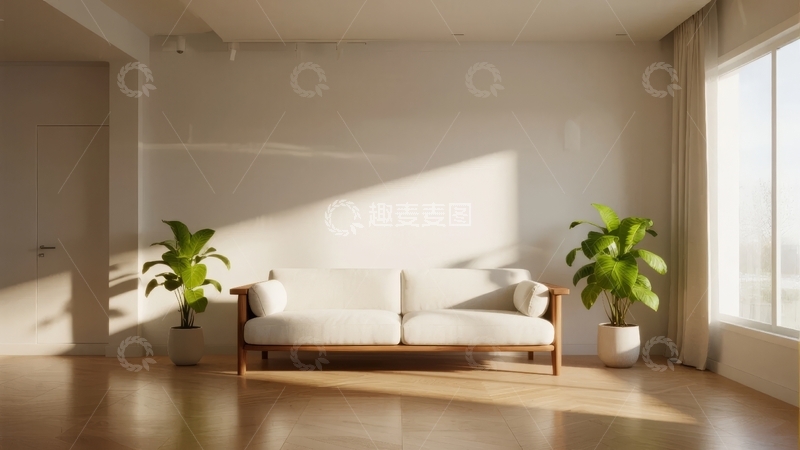 高清大图下载【趣麦麦图】简约现代客厅阳光洒落沙发旁绿植点缀