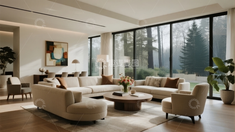 高清大图下载【趣麦麦图】现代客厅设计宽敞明亮配有大型落地窗和舒适家具