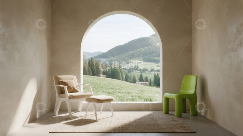 高清大图下载【趣麦麦图】室内窗边景观椅与绿植山景