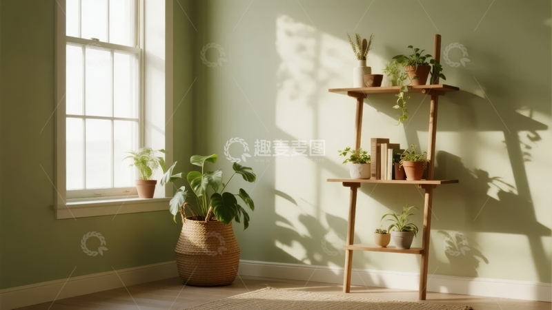 高清大图下载【趣麦麦图】阳光洒在窗边绿植与木质置物架的温馨角落