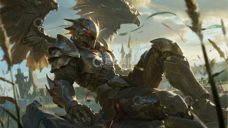 高清大图下载【趣麦麦图】身穿盔甲的战士与鹰相伴于战场废墟之上