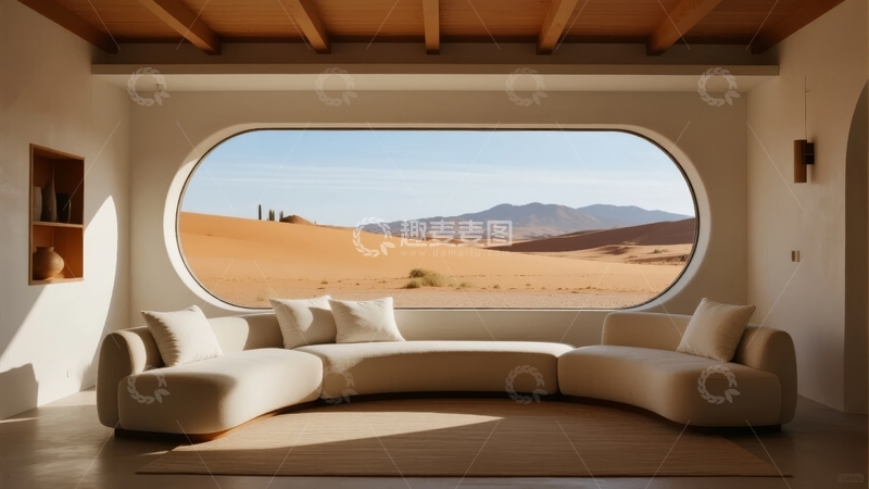 高清大图下载【趣麦麦图】现代室内设计客厅拥有圆形大窗可欣赏山脉景观