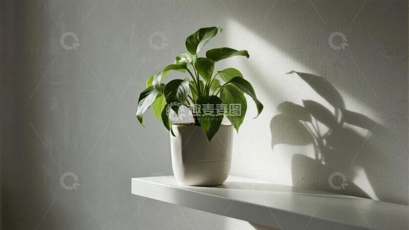 高清大图下载【趣麦麦图】室内白色花盆中的绿植在阳光下投射出阴影
