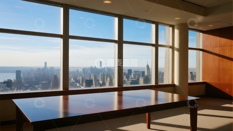 高清大图下载【趣麦麦图】高层办公室内景透过大窗俯瞰城市天际线