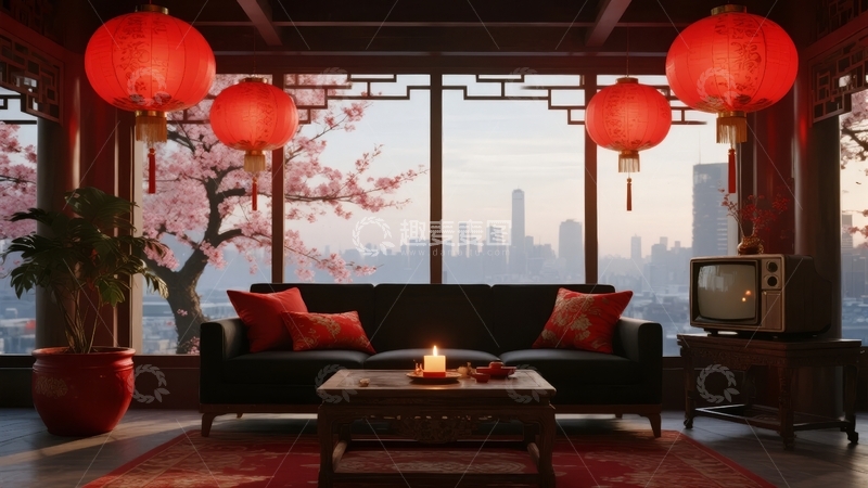 高清大图下载【趣麦麦图】中式风格客厅装饰窗外城市景观