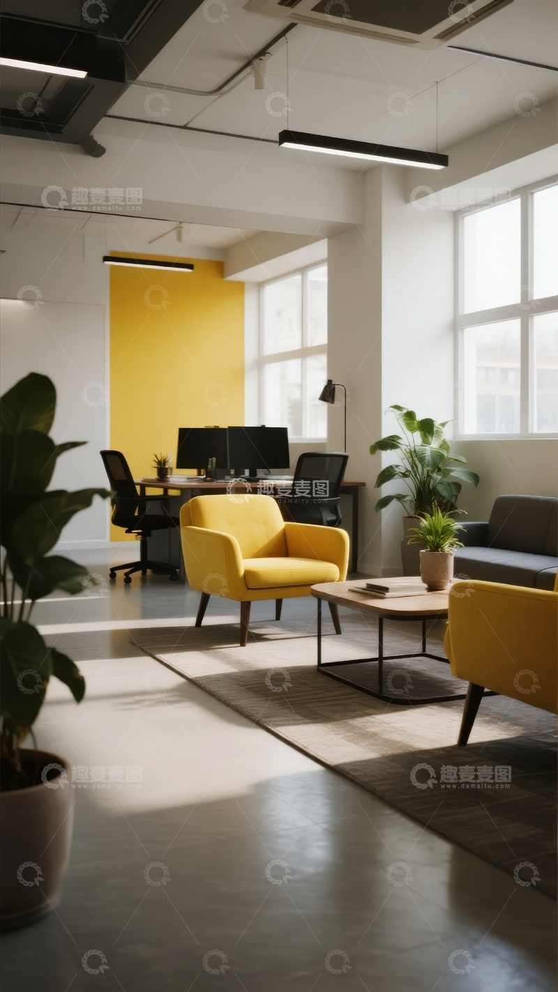 高清大图下载【趣麦麦图】现代办公室休息区配黄色座椅和绿植装饰