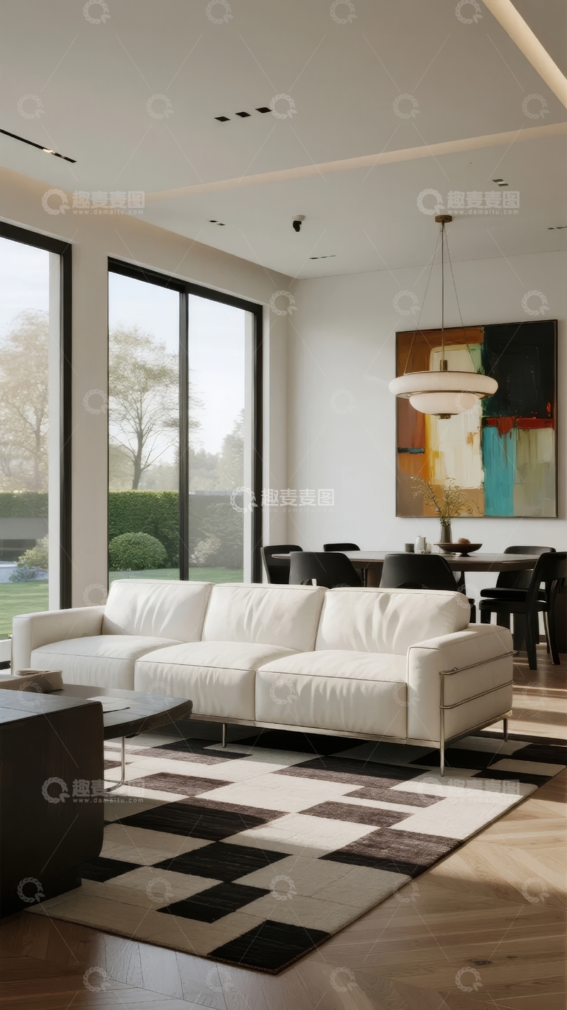 高清大图下载【趣麦麦图】现代简约风格客厅与餐厅相连的明亮室内空间