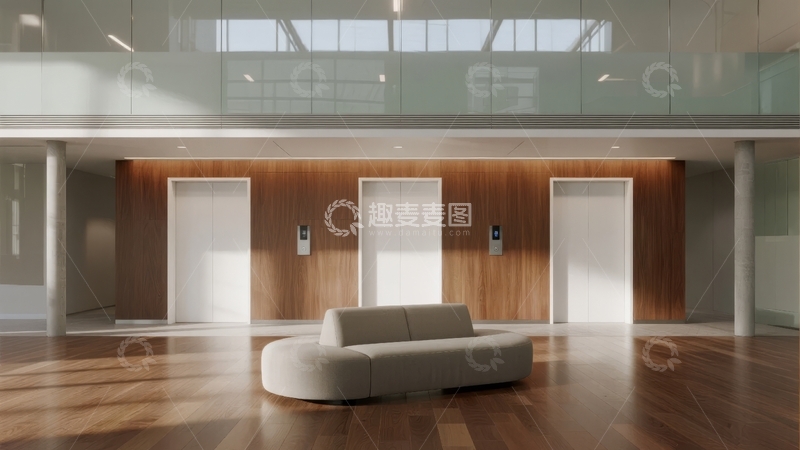 高清大图下载【趣麦麦图】现代简约风格的室内大厅配有弧形沙发和木质地板