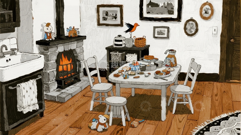 高清大图下载【趣麦麦图】温馨复古风格的室内餐桌场景描绘