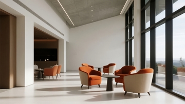 现代简约风格的室内休息区设有橙色座椅和大面积窗户