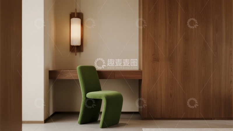 高清大图下载【趣麦麦图】现代简约风格室内一角配以绿色椅子和木质墙面