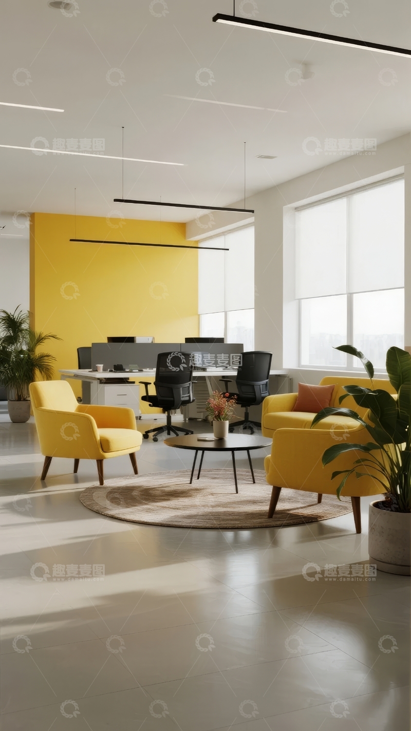 高清大图下载【趣麦麦图】现代办公室休息区黄色墙面与舒适座椅