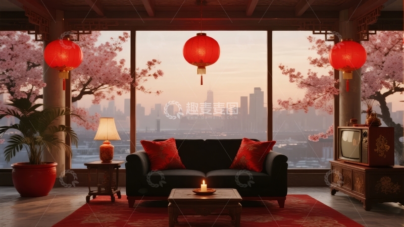 高清大图下载【趣麦麦图】现代中式风格客厅窗外城市景观与樱花装饰