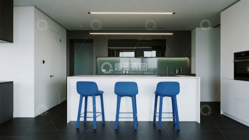 高清大图下载【趣麦麦图】现代简约风格厨房吧台配蓝色高脚凳