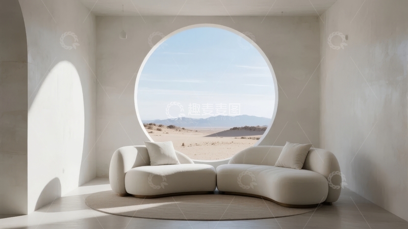 高清大图下载【趣麦麦图】现代简约室内空间透过圆形窗户展现沙漠景观