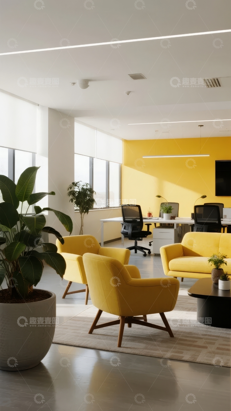 高清大图下载【趣麦麦图】现代办公室休息区黄色墙面与舒适座椅