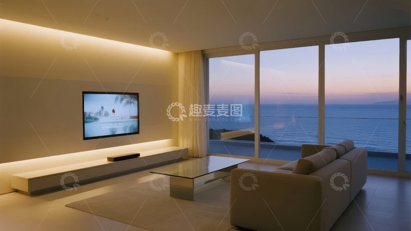 高清大图下载【趣麦麦图】现代客厅室内设计拥有海景视野和简约装饰