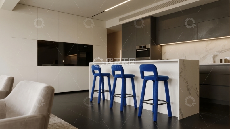 高清大图下载【趣麦麦图】现代简约风格厨房吧台配蓝色高脚凳