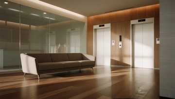 现代办公楼大厅内设沙发与电梯的简洁场景