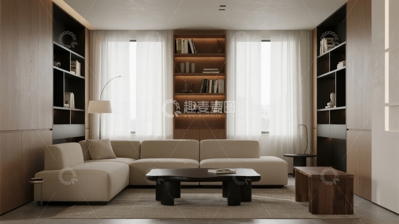 高清大图下载【趣麦麦图】现代简约风格客厅设计配有大型书架和舒适沙发