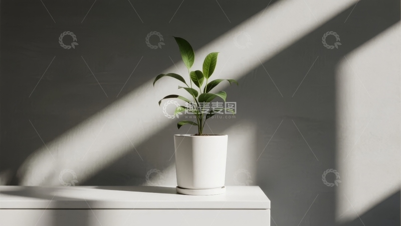 高清大图下载【趣麦麦图】白色花盆中的绿植置于简约台面上