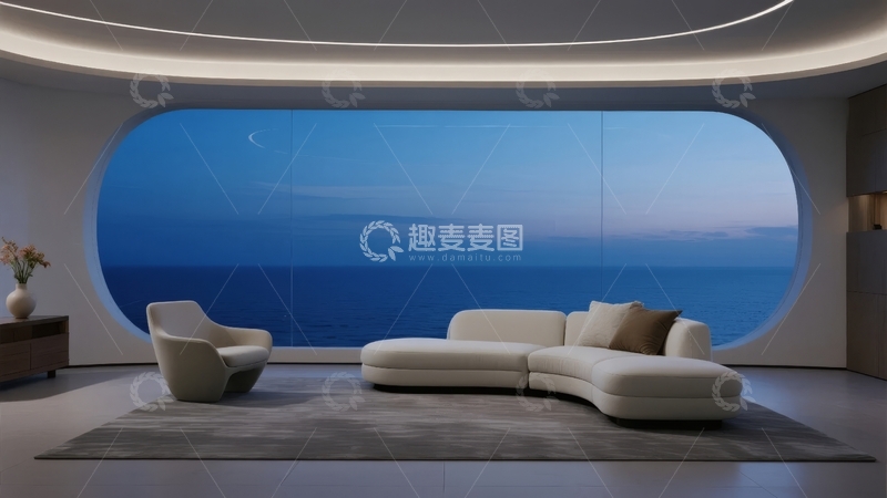 高清大图下载【趣麦麦图】现代客厅拥有巨大圆形窗户可欣赏海景