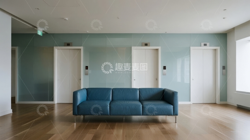高清大图下载【趣麦麦图】现代简约风格客厅摆放蓝色沙发和白色门