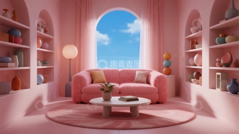 高清大图下载【趣麦麦图】现代室内设计中粉色沙发与蓝色天空的和谐场景