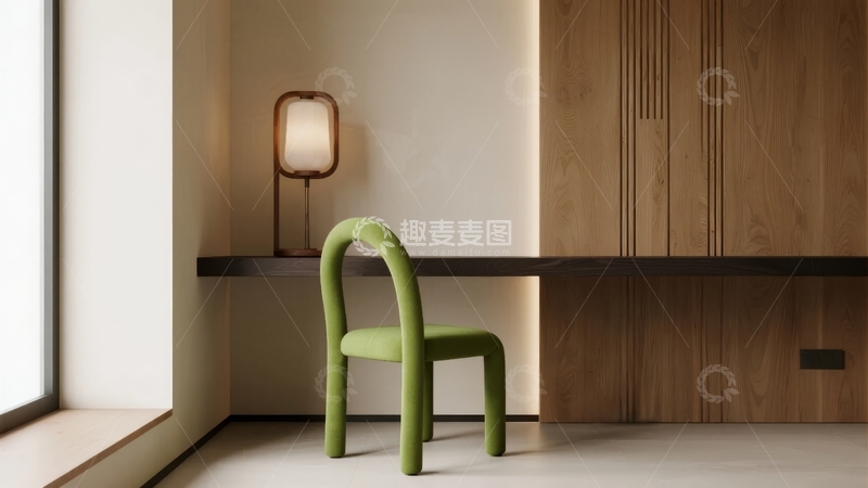 高清大图下载【趣麦麦图】现代简约风格室内一角绿椅与木质墙面