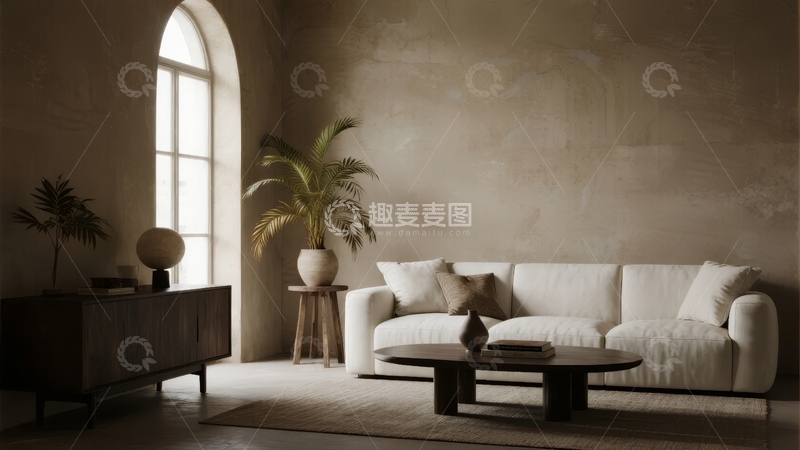 高清大图下载【趣麦麦图】简约风格客厅内白色沙发搭配绿植与拱形窗户