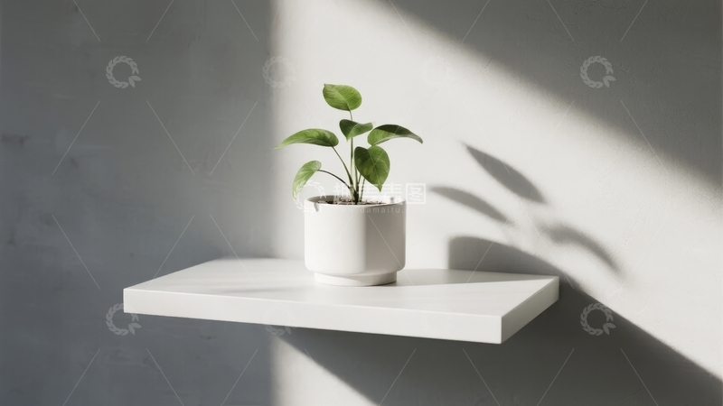 高清大图下载【趣麦麦图】绿植置于简约墙面的白色台面上