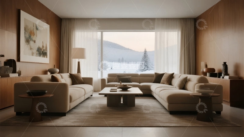 高清大图下载【趣麦麦图】现代客厅内景窗外雪景